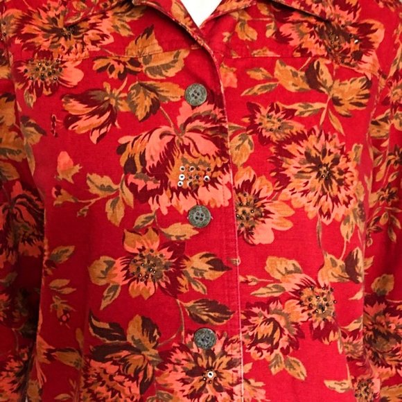 Alfred Dunner Red Floral Denim Jacket with Beaded Accents – Size 10P - Picture 6 of 10
